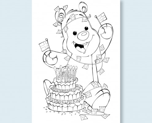 Mal-selv tegning af Bamseven der har fødselsdag