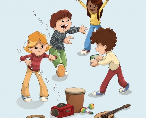 Illustration af børn der laver rytmik i Fri for Mobberi